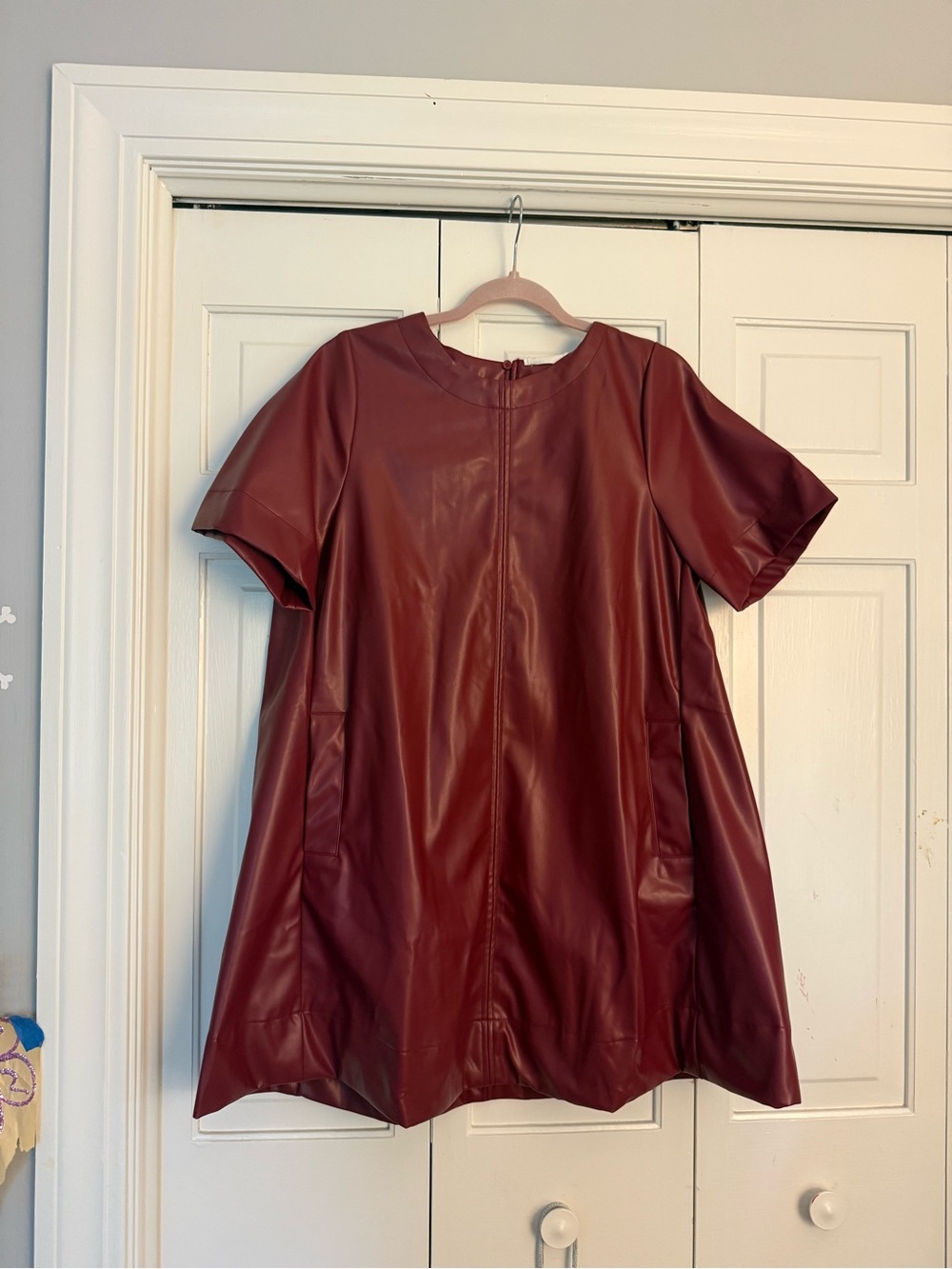 Short Sleeve Faux Leather Mini Dress in Burgundy